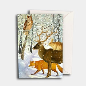 Vintage Weihnachtskarte Waldtiere im Schnee