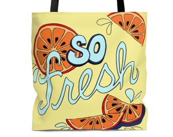 So Fresh Tote Bag-Farmers Market Bag - Citrus Artwork - Yellow and Orange Bright Happy gift for Positive 2021 - strong handles