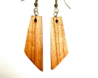 Wooden earrings, handmade, hand cut, lightweight, unique, geometric shape dangle earrings