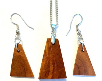 Cherrywood earrings and necklace pendant set, handmade, lightweight, hand cut, unique, dangle earrings, repurposed wood