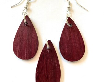 Earring and necklace pendant set, handmade, lightweight, hand cut, unique, dangle earrings, repurposed wood