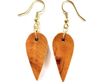 Cherrywood reverse teardrop earrings, handmade, hand cut, lightweight unique earrings, repurposed wood