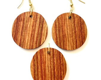 Earring and necklace pendant set, handmade, lightweight, hand cut, unique, dangle earrings, repurposed wood