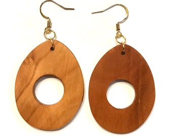 Cherrywood earrings, handmade, hand cut, unique, dangle earrings, women's earrings, repurposed wood