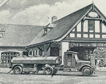 May include: A black and white illustration of a gas station with a truck pulling a tanker. The gas station has a sign that reads "The Service Station".