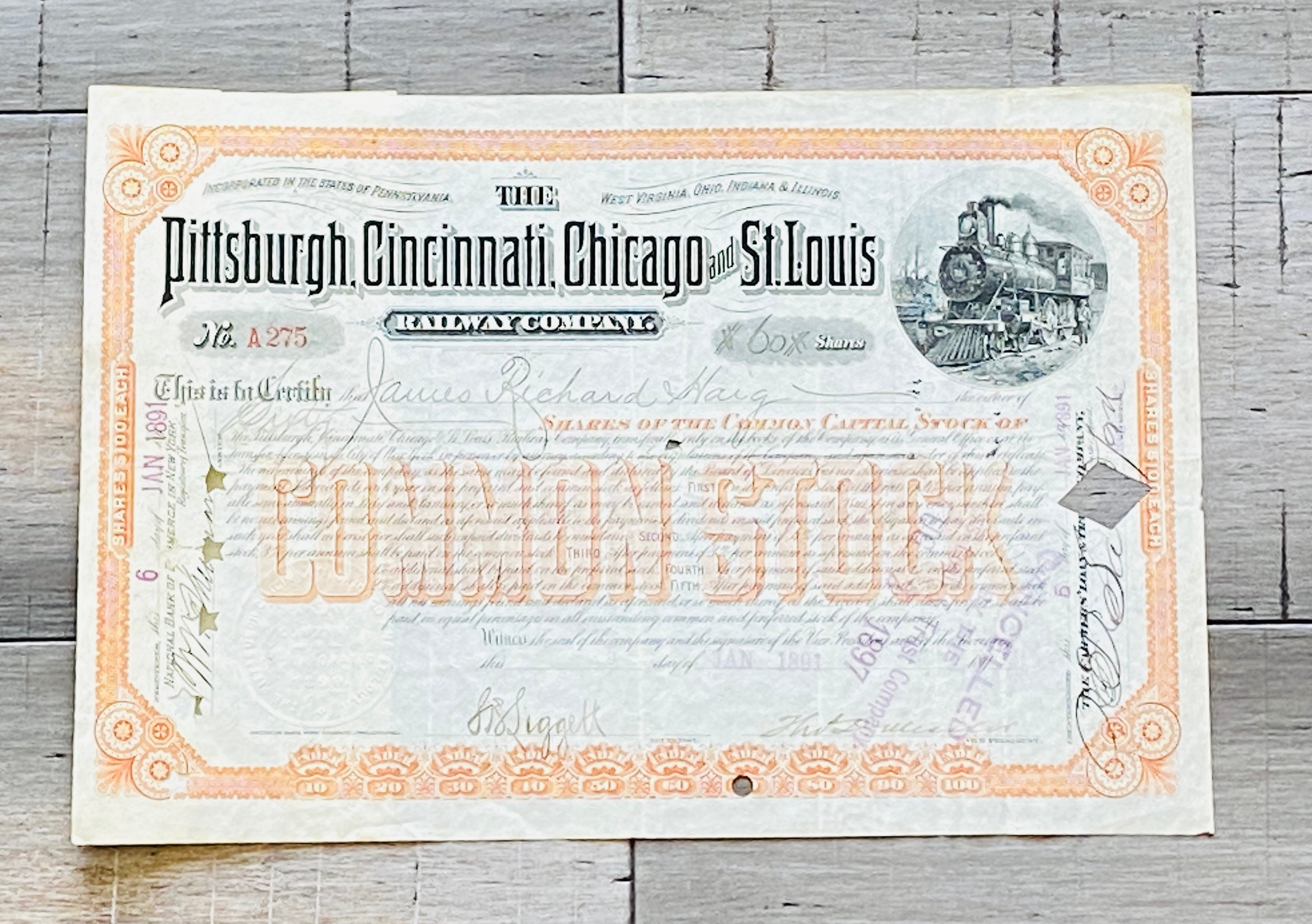 Louis Railway 100 shares Stock certificate Pittsburgh Cincinnati Chicago & St 