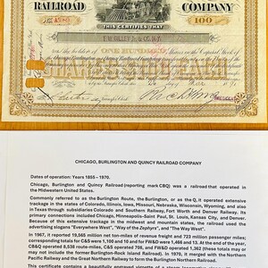 Chicago, Burlington and Quincy Railroad Company Authentic Stock Certificate - Historic Railroad, Antique Year 1891 Great Collector's Item image 3