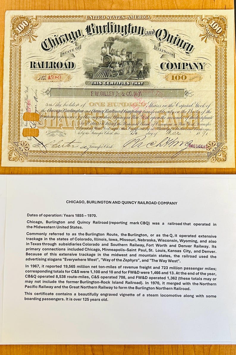 Chicago, Burlington and Quincy Railroad Company Authentic Stock Certificate - Historic Railroad, Antique Year 1891 Great Collector's Item image 3