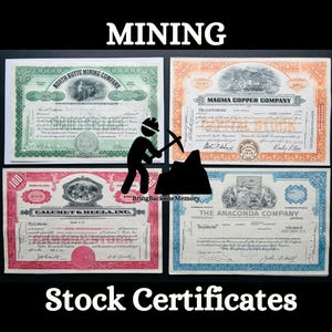 May include: Four vintage mining stock certificates featuring North Butte Mining Company in green, Magma Copper Company in orange, Calumet & Hecla, Inc. in red, and The Anaconda Company in blue, with a central black icon of a miner with a pickaxe.