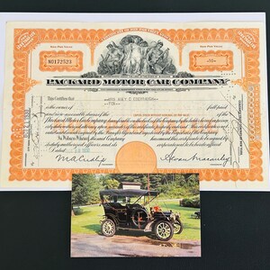 Packard Motor Car Company Authentic Stock Certificate, Year 1930, plus Vintage Packard Post Card, Antique Cars Nice Gift Idea