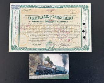 Year 1888, Norfolk & Western Railroad Company Authentic Stock Certificate +Vintage postcard, Nice Collector's Railroad History Gift, Antique