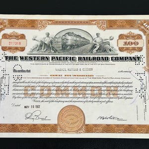 Western Pacific Railroad Company, Authentic Stock Certificate, Vintage Year 1952, Beautiful Vignette