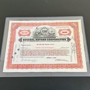 General Motors, Rare, Authentic Stock Certificate- Year 1947, Iconic Company General Motors Corp, comes w/ protective top loader, Gift Ready