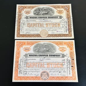 Set of 2- Magma Copper Company authentic  mining stock certificates with revenue stamps, Vintage Years 1946 and 1925