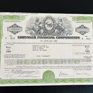 Chrysler Financial Corporation, Authentic Stock Certificate, Year 1976, Iconic Auto Company, Auto History, Automobile Stocks, Nice Gift