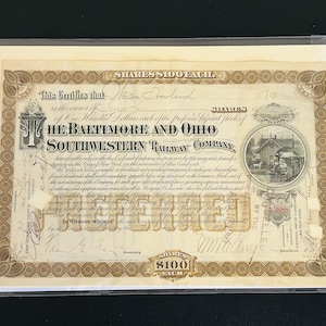 Baltimore & Ohio Southern Railway Company- Authentic Stock Certificate, Antique Year 1895, nice gift item