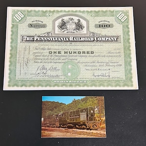 Pennsylvania Railroad Company authentic stock certificate, Featuring Pennsylvania State Shield, Gift ready -Vintage 1930&#39;s + postcard