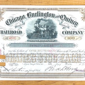 Chicago, Burlington and Quincy Railroad Company Authentic Stock Certificate - Historic Railroad, Antique Year 1891 Great Collector's Item image 2