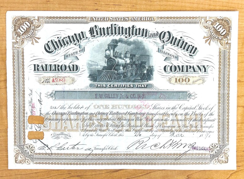 Chicago, Burlington and Quincy Railroad Company Authentic Stock Certificate - Historic Railroad, Antique Year 1891 Great Collector's Item image 2