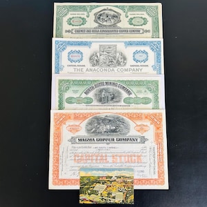 Mining Stocks, Set of 4 Authentic Stock Certificates, Oldest is year 1912 , Historic Mining United States Companies + postcard, Gift Ready