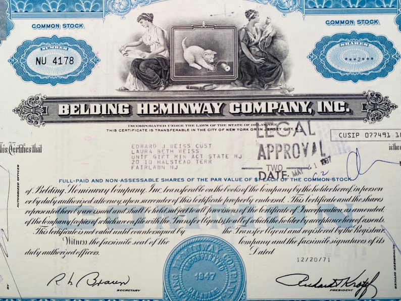The Belding Heminway Company Stock Certificate 1971 | Etsy