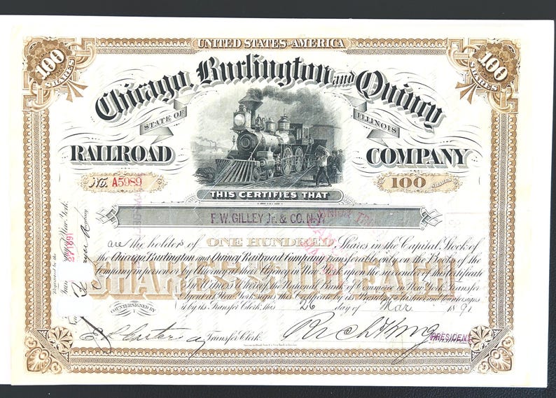 Chicago, Burlington and Quincy Railroad Company Authentic Stock Certificate - Historic Railroad, Antique Year 1891 Great Collector's Item image 5