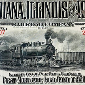 Indiana, Illinois & Iowa Railroad Co. Gold Bond, Antique Year 1900, Vintage Bond Certificate