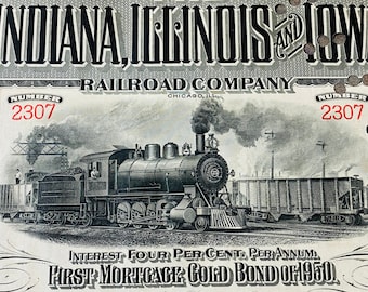 Indiana, Illinois & Iowa Railroad Co. Gold Bond, Antique Year 1900, Vintage Bond Certificate