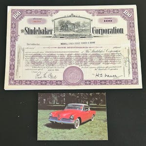 Studebaker Corporation, Authentic Stock Certificate, Year 1954, Automobile History, plus postcard, Nice Gift Item for Auto Collector