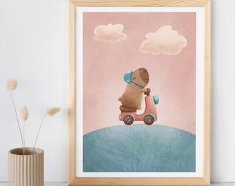 Impresión de scooter de capibara: Póster divertido de animales, decoración para habitación infantil (descarga digital)