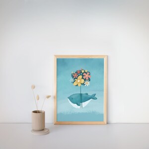 Baleine bleue avec impression numérique de fleurs. Affiche méditative abstraite. Décoration murale baleine mignonne dans un ciel bleu. Art mural aquarelle. Carte postale pleine conscience.