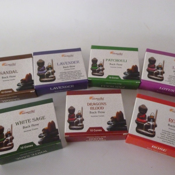 Aromatika Backflow Incense Cones,Sandal,White Sage,Lavender,Patchouli,Dragons Blood Lotus,Rose