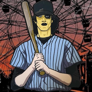 May include: A blue and white striped baseball jersey with a black baseball cap and a wooden baseball bat. The person is wearing a black eye patch and has a yellow face.