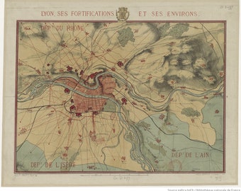 Old Original Cartography of "Lyon, its fortifications and its surroundings" dating from. Eighteenth century -