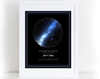 May include: A black and blue star map print with the text "WE STARTED OUR FOREVER UNDER THESE STARS John & Tiffany JUNE 10, 2015 PHOENIX, ARIZONA".