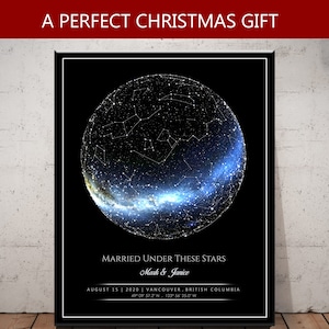 Carte des étoiles personnalisée | Poster Constellation réaliste | Cadeau de fiançailles | Cadeau d'anniversaire personnalisé | Saint-Valentin | Fête des Mères 2025