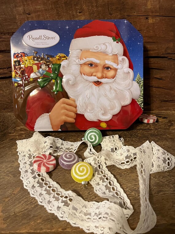 Vintage Santa Christmas Tin: Russell Stover Candy Container, Festive Cookie Storage, Holiday Decor