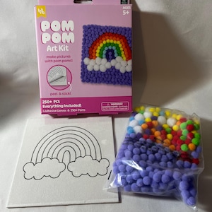 May include: A pom pom art kit in a pink box featuring a rainbow design. The kit includes a square adhesive canvas with a black and white rainbow outline and a clear plastic bag filled with over 250 colorful small pom poms for crafting.