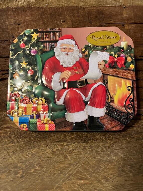 Vintage Santa Christmas Tin Box: Russell Stover Tin, Festive Cookie Storage, Secret Gift Container, Whimsical Holiday Decor