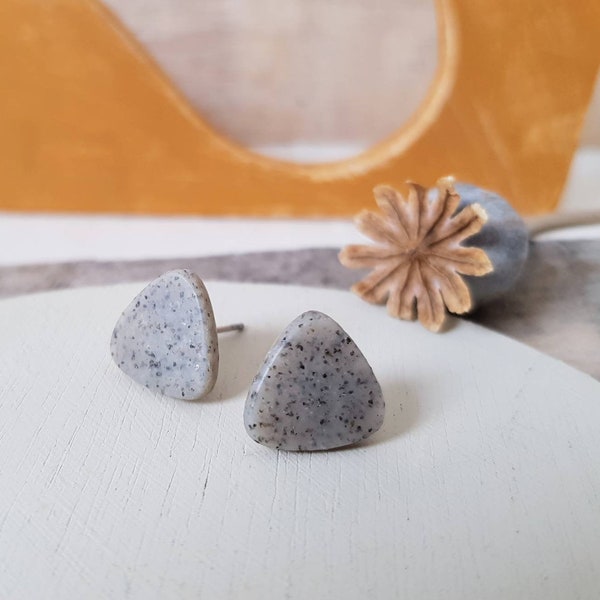 Triangle Studs in Granite | Speckled Grey Stud Earrings | Grey Polymer Clay Studs | Hypo-allergenic Stainless Steel Studs | Gift for Her