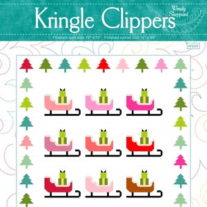Può includere: Un modello digitale per una trapunta o un runner con un tema natalizio con un motivo ripetitivo di slitte rosse, rosa e marroni che trasportano scatole regalo verdi. Le slitte sono circondate da alberi di Natale stilizzati verdi, blu e rossi. Il modello è intitolato "Kringle Clippers" e include la dimensione della trapunta finita di 183 cm per 183 cm e la dimensione del runner finito di 41 cm per 165 cm.