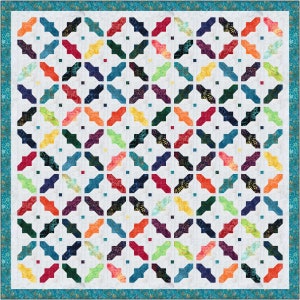 May include: A colorful quilt with a geometric pattern of overlapping squares and rectangles. The quilt is made with a variety of fabrics in shades of blue, green, red, orange, yellow, and white.