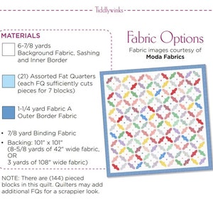 May include: A quilt pattern with instructions for making a quilt using Moda Fabrics. The quilt is made with a variety of colorful fabrics in a geometric pattern. The quilt is 101 inches by 101 inches.