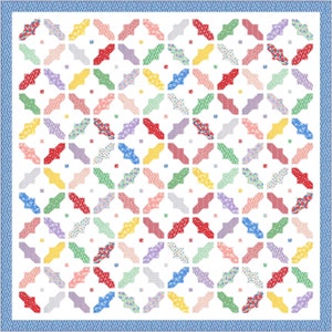 May include: A colorful quilt with a geometric pattern. The quilt is made up of squares and rectangles in various shades of red, yellow, green, blue, and pink. The quilt is bordered with a blue and white patterned fabric.