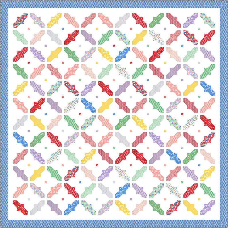 May include: A colorful quilt with a geometric pattern. The quilt is made up of squares and rectangles in various shades of red, yellow, green, blue, and pink. The quilt is bordered with a blue and white patterned fabric.