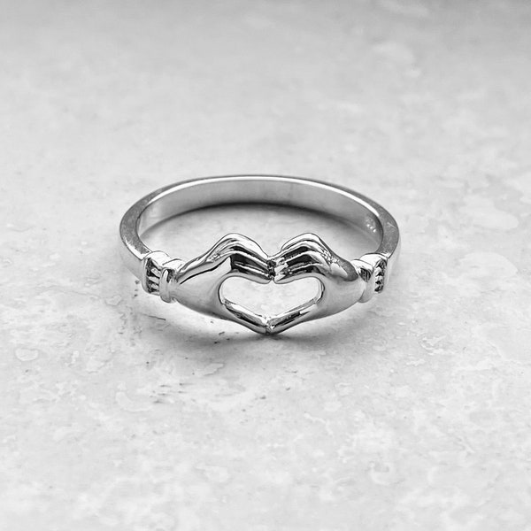 Sterling Silver Heart Hand Ring, Friendship Ring, Claddagh Ring, Silver Ring, I Love You Ring