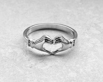 Sterling Silver Heart Hand Ring, Friendship Ring, Claddagh Ring, Silver Ring, I Love You Ring