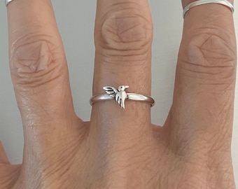 Sterling Silver Tiny Hummingbird Ring, Silver Ring, Spiritual Ring, Bird Ring