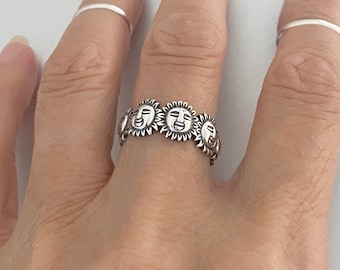 Sterling Silver Sunny Faces Ring, Silver Ring, Celestial Ring, Sun Ring