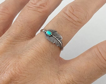 Sterling Silver Boho Feather Ring, Religious Ring, Silver Ring, Turquoise Ring